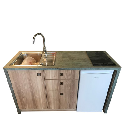 Minikche Zimmerservic mit Cerankochfeld, Sple, Khlschrank, Schubladen und optionalem Hngeschrank