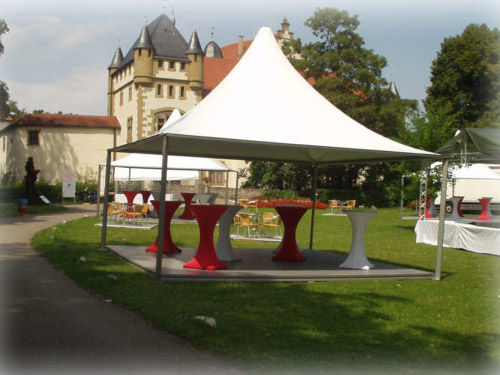 Auenveranstaltung mit Pavillons, Stehtischbezgen Easystretch, Bestuhlung, Bhnen, Podeste, Catering, Laufteppich