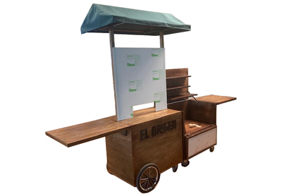 Verkaufstheke Display Talent mit ausklappbaren Arbeitsflächen, Regalen, Dach Retrodesign dunkel lasiert